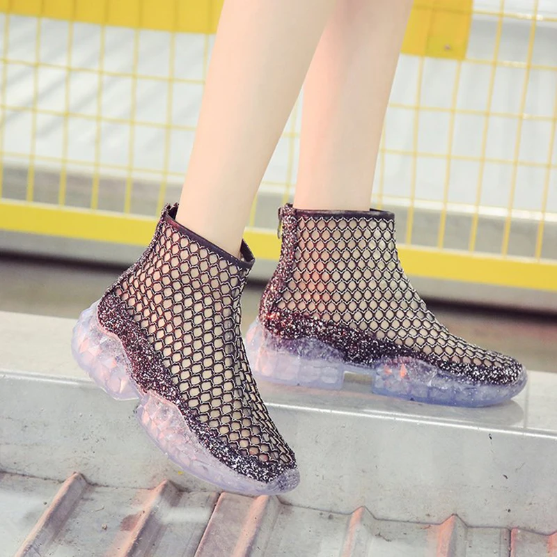 

Brand Women Trend Sneakers Thick Heels Ladies Platform Breathable Short Boots Designer Casual Hollow Shoes Net Surface Footwear