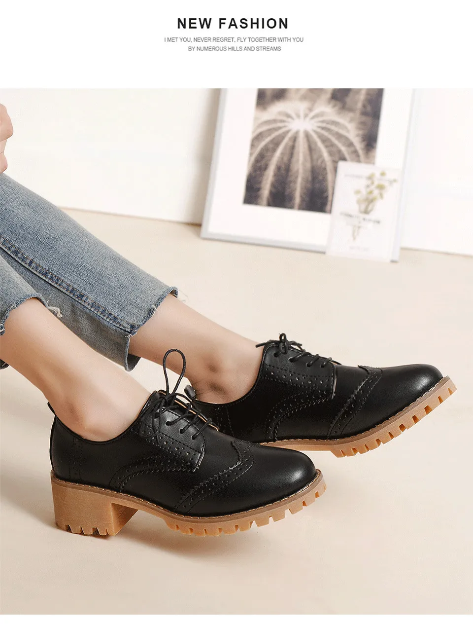 Women Oxfords Shoes Handmade Lace-up Round Toe Thick Heel Leisure Comfortable and Soft Office Lady Shoes