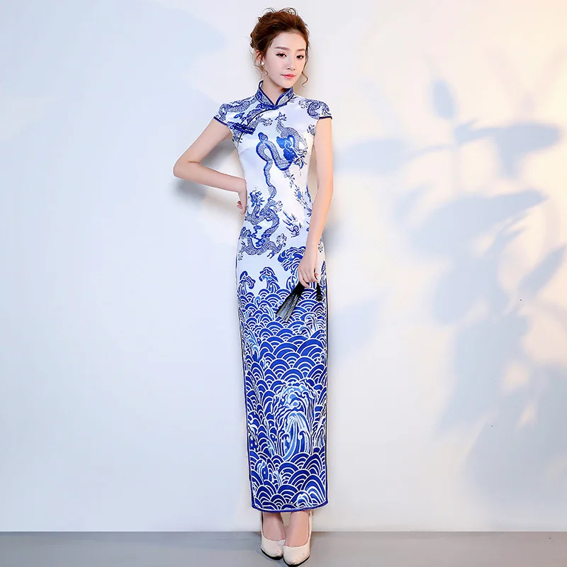 Атлас Cheongsam белое синее фарфоровое китайское свадебное платье Мода 2019 г. Длинные китайское традиционное платье для женщин платья для