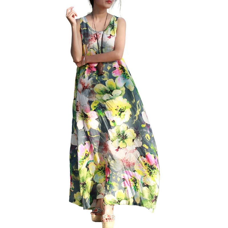 

Summer Sundress Vintage Maxi Dress Sleeveless P/C Rose Floral Print Beach Dress Bohemian Long Dress Robe Longue Roupa Feminina