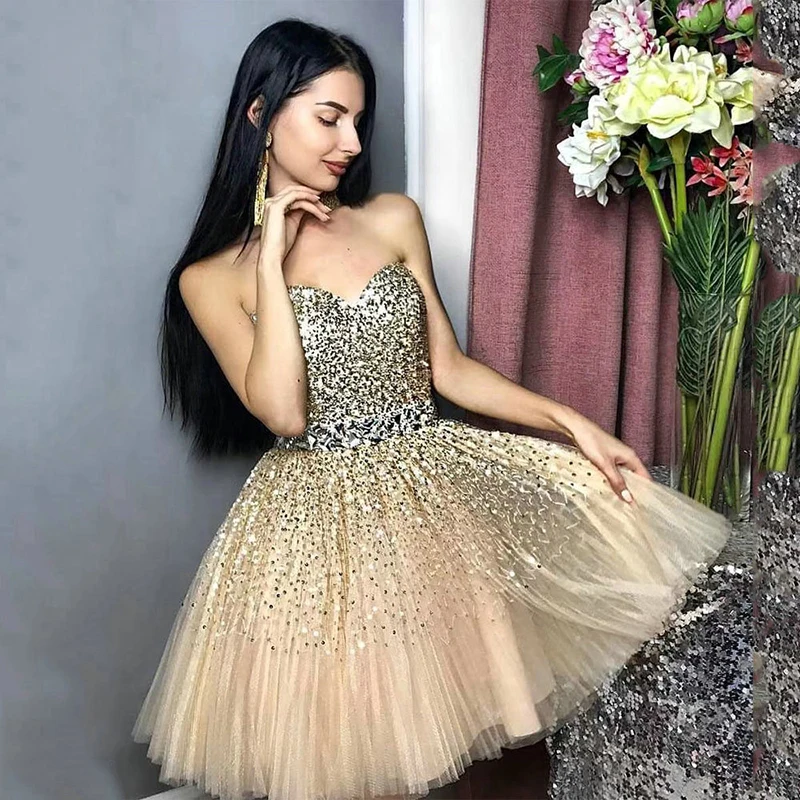

Lakeydra Sequins Mini Homecoming Dresses Sweetheart Tulle with Sleeveless A-Line 2019 Short Party Prom Gown Graduation Dress