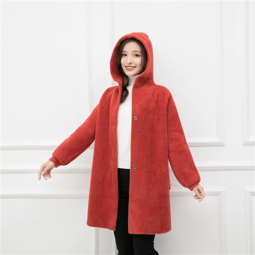 

Artificial mink cashmere sweater women knit cardigan winter cool coat jacket female hooded button long style full sleeve beige