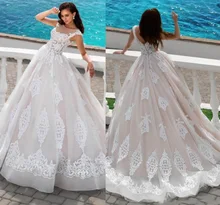 Elegant Ball Gown Wedding Dresses Germany Sweep Train Bridal Dress Boat Neck High Quality With Appliqued KS43