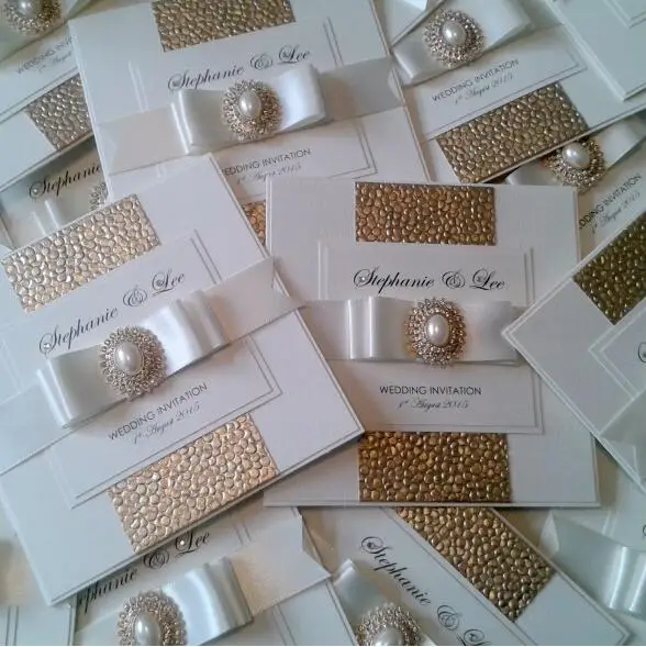  Luxury Gold/Silver/White Embossed Pebble Wedding Invitations with Pearl and Crystal Embellishment - 32763217134