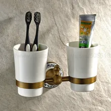 Античная латунь настенный двойной стакан для зубных щеток Держатель W/две керамические чашки для Аксессуары для ванной комнаты zba408