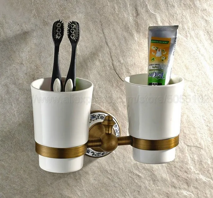 Antique Brass  Wall Mounted Dual Cup Holder Toothbrush Holder W/ Two Ceramic Cups For Bathroom Accessories zba408