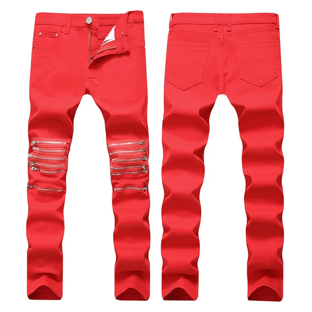 QMGOOD New Plus Size 42 Red White Mens Jeans High Street Male Hip Hop ...