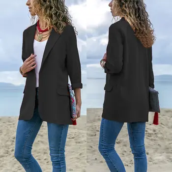 

2018 Spring Autumn Slim Fit Women Formal Jackets Office Work Open Front Notched Ladies Blazer Coat Hot Sale Fashion