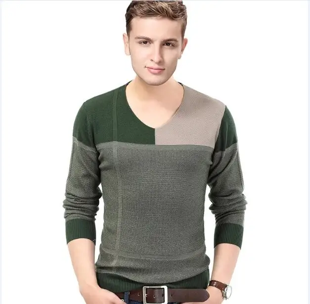 Дизайн повседневные осенние Лоскутные v-образным вырезом хлопчатобумажные джемперы пуловеры мужские свитера - Цвет: Зеленый