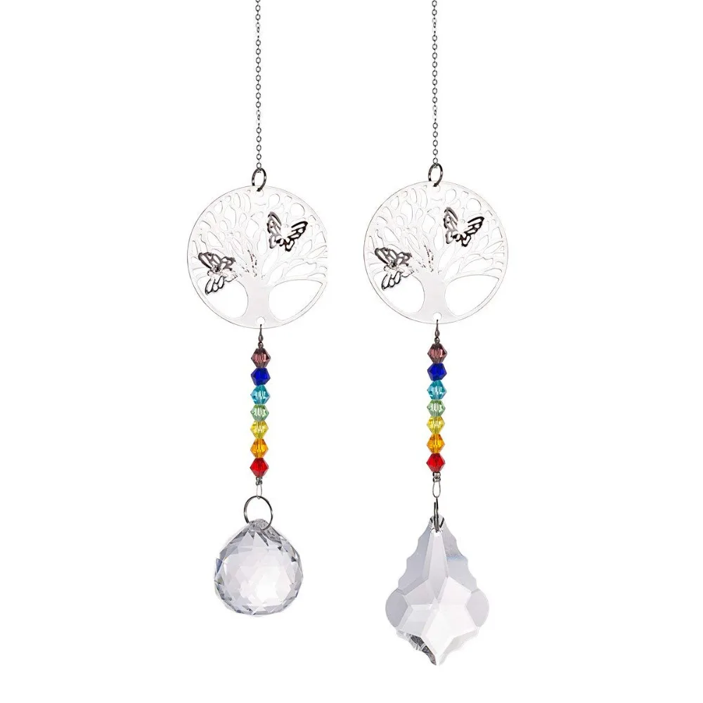 

metal Butterfly tree Christmas Pendant Window hang Chandelier Prisms Rainbow Beads Chakra Suncatcher for wedding Home Decor
