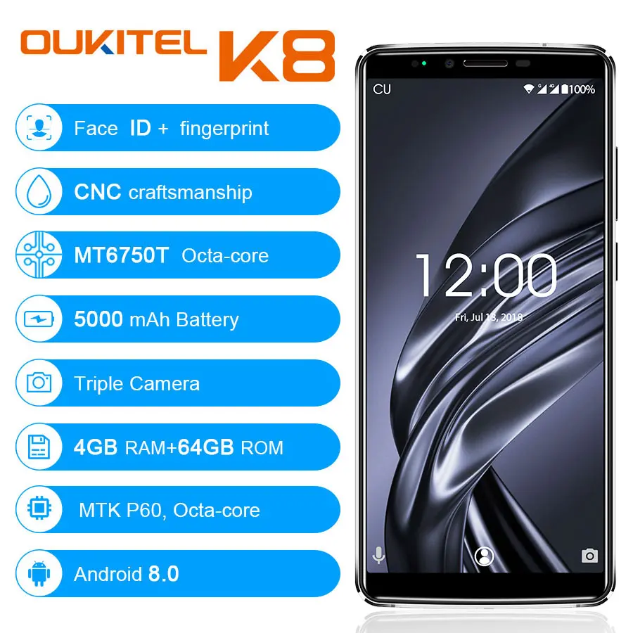 OUKITEL K8 смартфон с 6 дюймовым дисплеем восьмиядерным процессором MT6750 ОЗУ 4 Гб ПЗУ 64