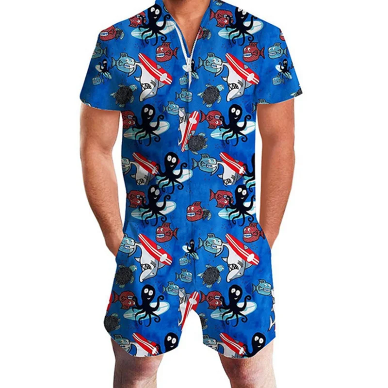 

Litthing Hawaii Floral Printing Romper Men 3D Funny Short Sleeve Jumpsuit Summer Zipper Pants Overalls Casual One Piece Outfits