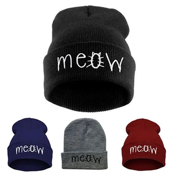 

New 2016 New Unisex Winter Chic Cute Meow Letter Embroidery Warm Hip Hop Beanie Hat Knit Cap