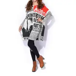 Большие размеры женские рубашки печати газеты буквы полная длина рукава круглый воротник свободные Blusa женские свободные трикотажные топы