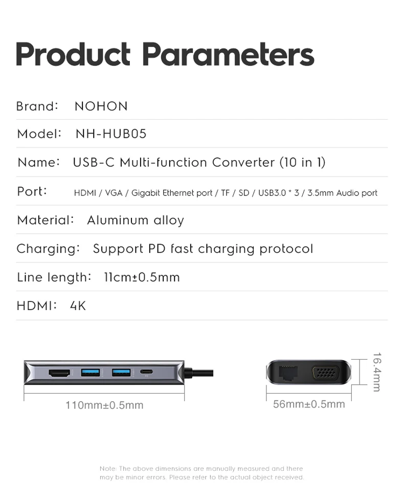 Nohon USB Type C HUB To USB 3.0 PD VGA HDMI RJ45 Thunderbolt 3 Adapter For MacBook Samsung S10 Huawei P20 Mate 20 Type C USB HUB Laptop Mobile Phone Adapter Details (05)