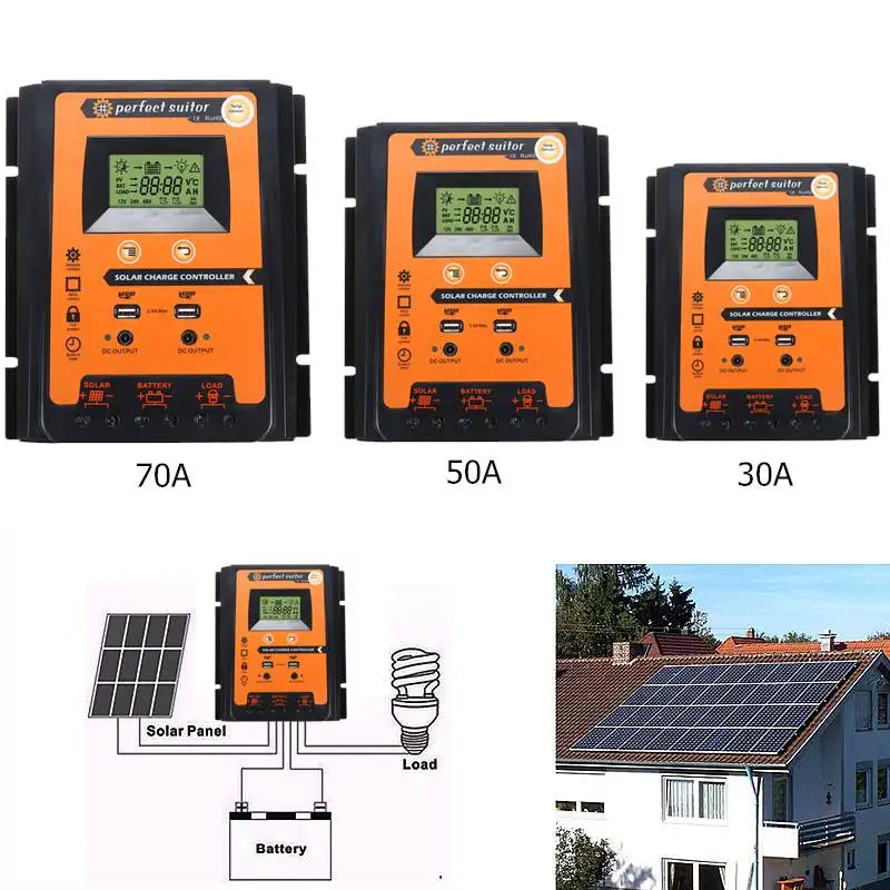 30/50/70A MPPT Контроллер заряда для фотоэлектрических систем, два USB выхода, ЖК-дисплей Дисплей 12V 24V авто светодиодный фонарь на солнечной батарее Панель Зарядное устройство регулятор с нагрузкой