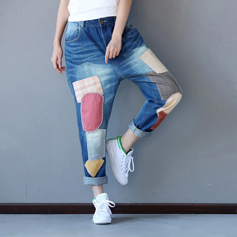 Women Spring Patchwork Denim Pants ladies Washed Zipper Pockets Vintage Bleached Denim Trousers Female Scratched Jeans