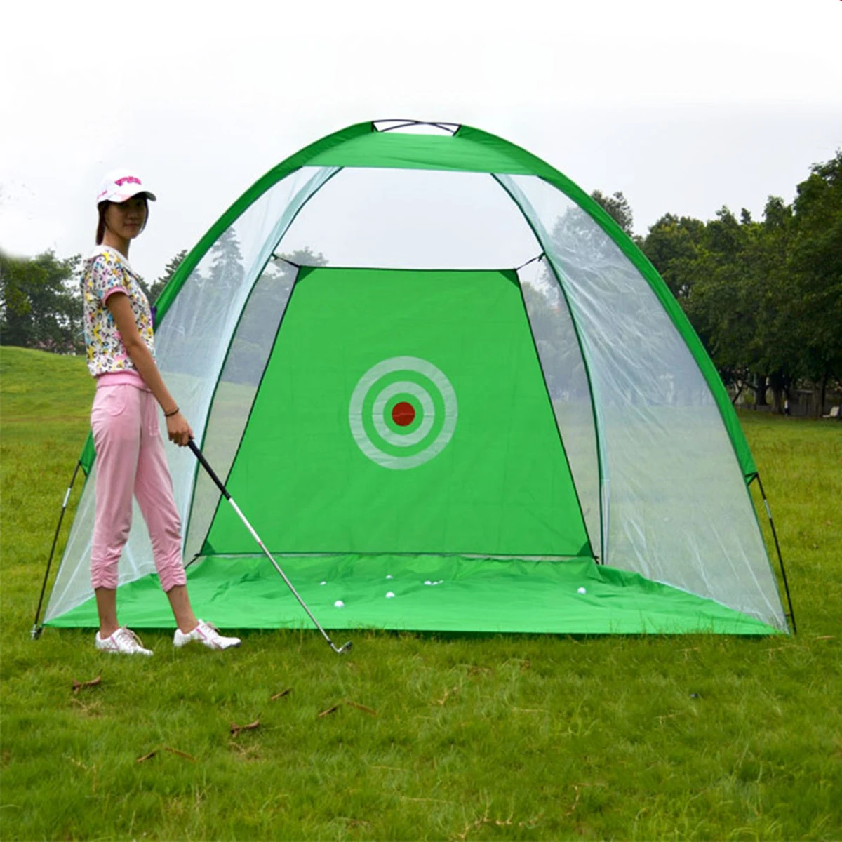 

2x1.4m Foldable Polyester+Oxford Cloth Golf Hitting Cage Practice Net Trainer+raining Aid Mat+Driver Iron Green Portable Durable