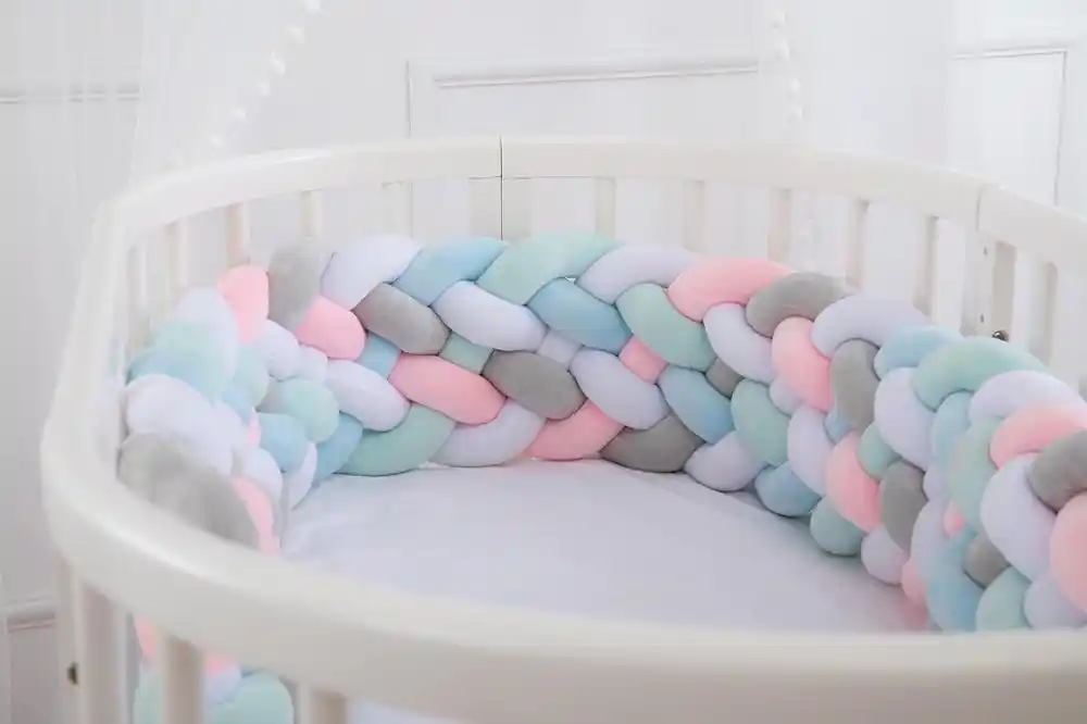 Soft Knit Plush Pillow Baby Crib Bedside Protector White Powder Blue Green 4 Strands 3M Knotted Braided Plush Bumper Nursery Cradle Newborn Gift Nursery Decor Baby Bedding Bumpers Baby Bumpers