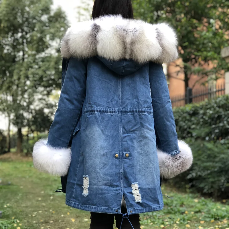 Fandy lokar Blue Frost Fox меховые куртки женские парки из натурального Лисьего меха женская джинсовая длинная куртка женская меховая подкладка из натурального Лисьего меха