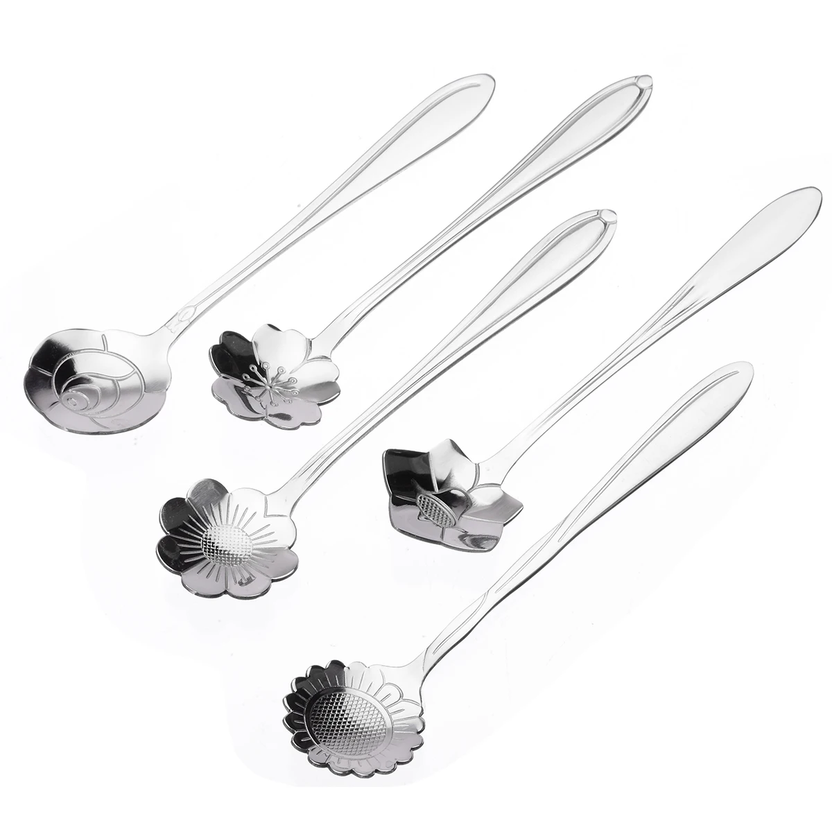 5pcs Stainless Steel Mixed Flower Shape Spoons Sugar Silver Coffee Spoon Teaspoons Ice Cream Flatware Tableware Kitchen Tool
