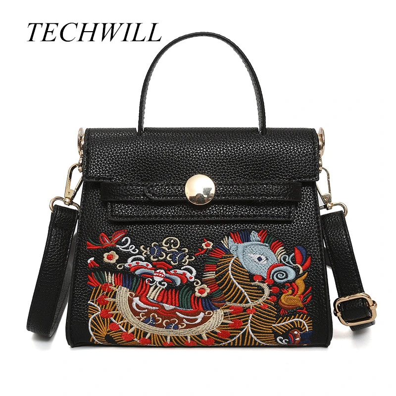 Luxury Women Leather Handbag Dragon Embroidery Vintage Bag Designer