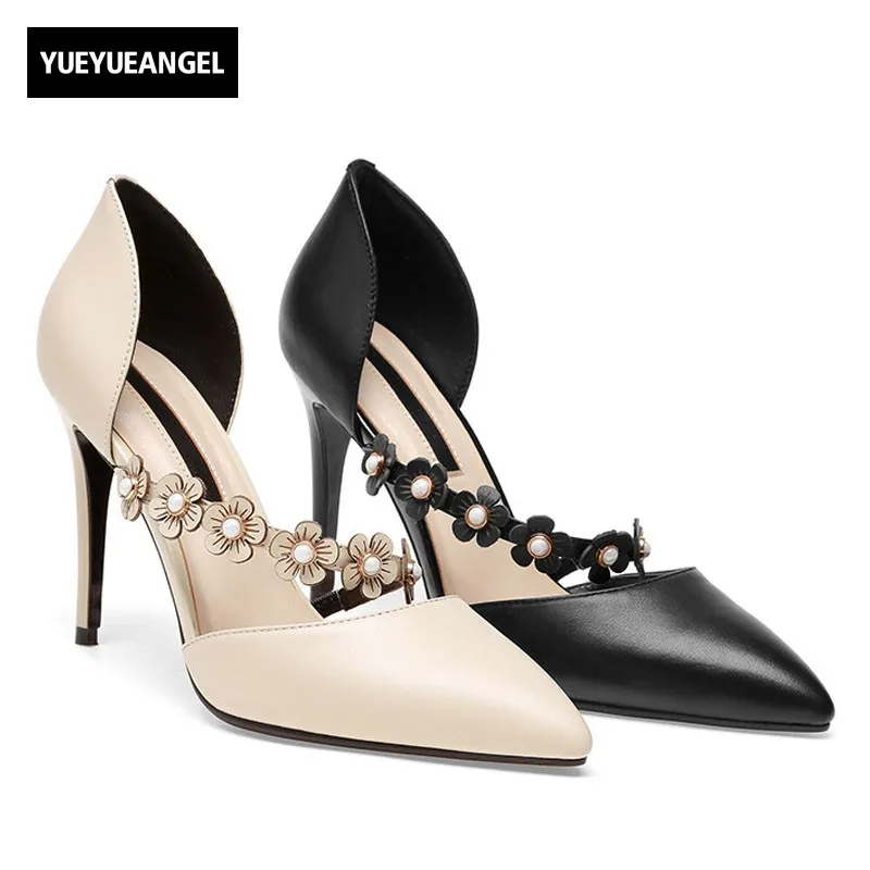 

Italy 2019 Womens Flower Patchwork Strap Sexy Super High Heels Stiletto Sandals OL Pointed Toe Real Leather Party Dress Shoes