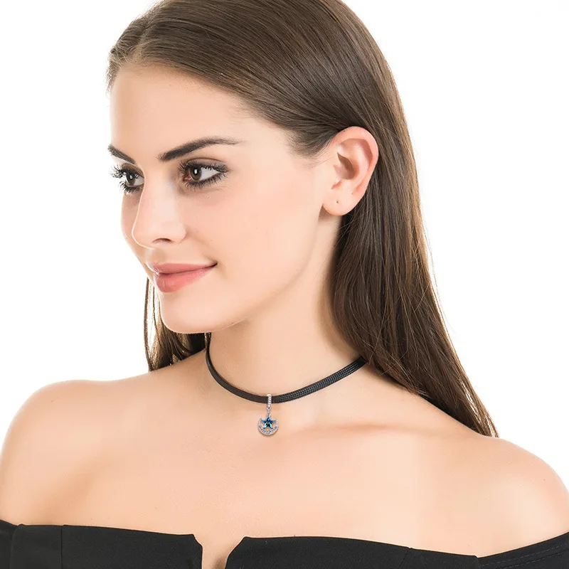 Austrian Crystal Moon and Star Crystal Pendant Short Necklace for Women Rhinestone Black Leather Choker Necklace Charming Gifts - Image 5