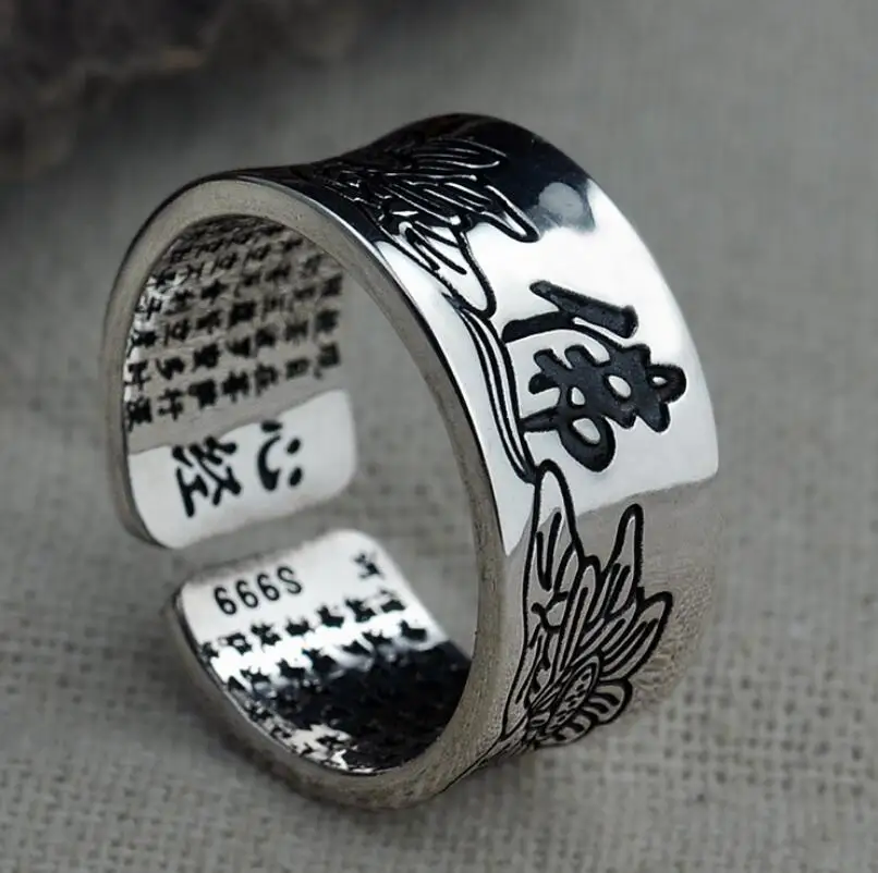 

Pure Silver 999 Handmade Retro Thai Silver Heart S999 Ring Men Women Lotus Open Adjustable Ring Band