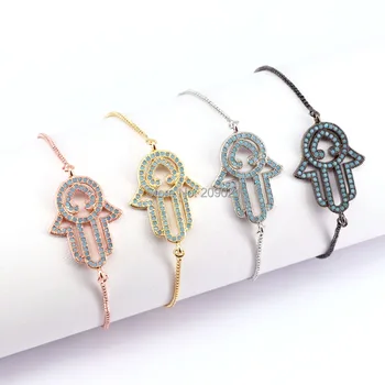 

10Pcs Micro Pave Blue CZ Hamsa Hand charms connectors bracelet,Mix Color Slide Chain Bracelets Adjustable