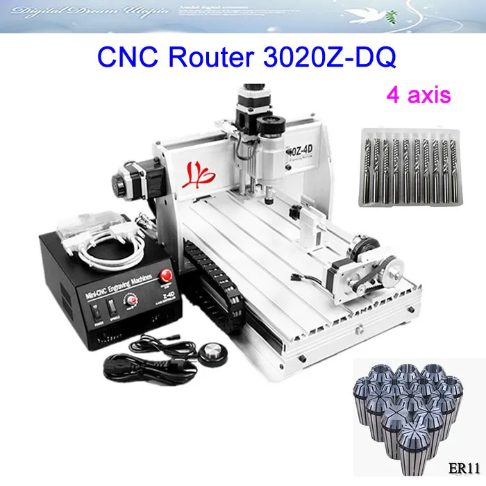 Wholesale! 4 axis CNC Router 3020Z-DQ Engraving machine with Ball screw with free gifts free shipping cnc 3040 z dq 4 axis 3d wood engraving machine pcb carving router with ball screw tool auto checking instrument