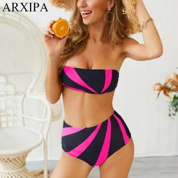 

ARXIPA 2019 Sexy Bandeau Bikini Set High Waist Swimsuit for Women Patchwork Swimwear Push Up Bathing Suit Padded Print New Hot