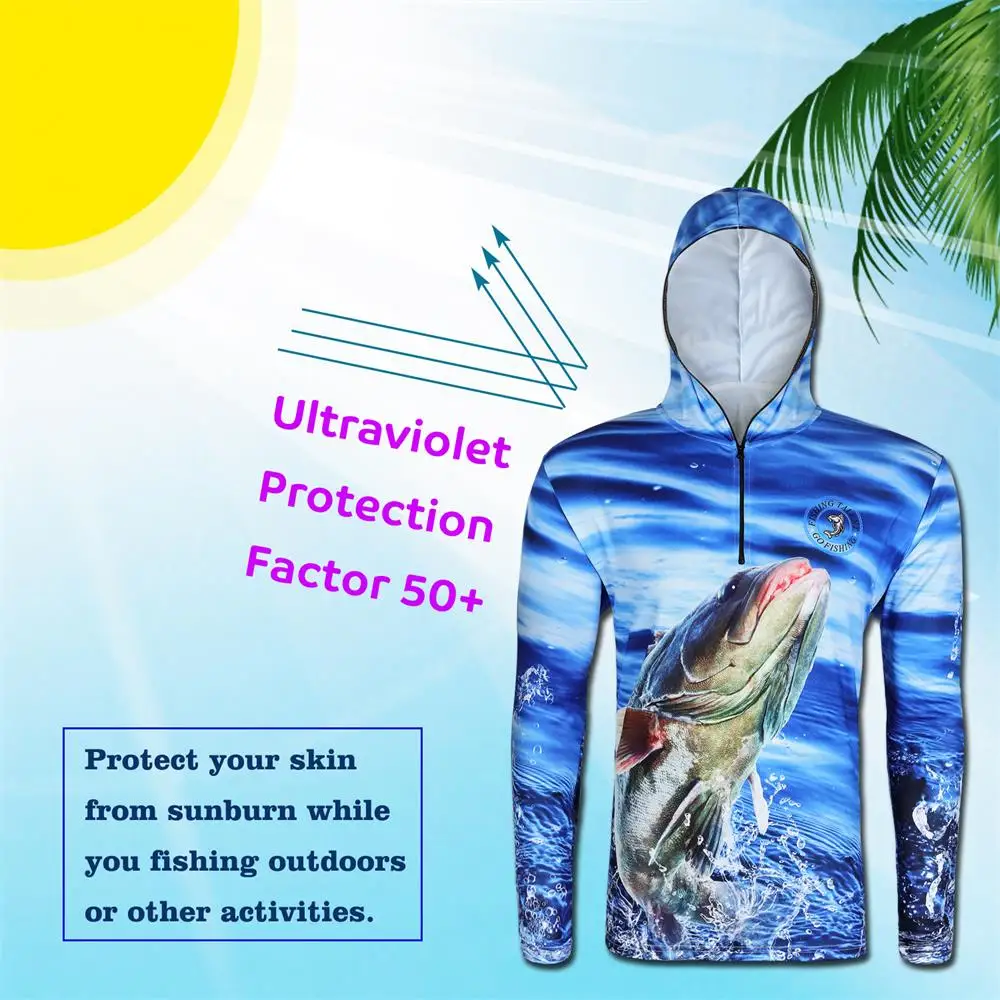 3D принт, ультра-светильник, летние толстовки для рыбалки, быстросохнущие, защита от солнца, рыболовные рубашки с капюшоном для мужчин и женщин, FT0071-2