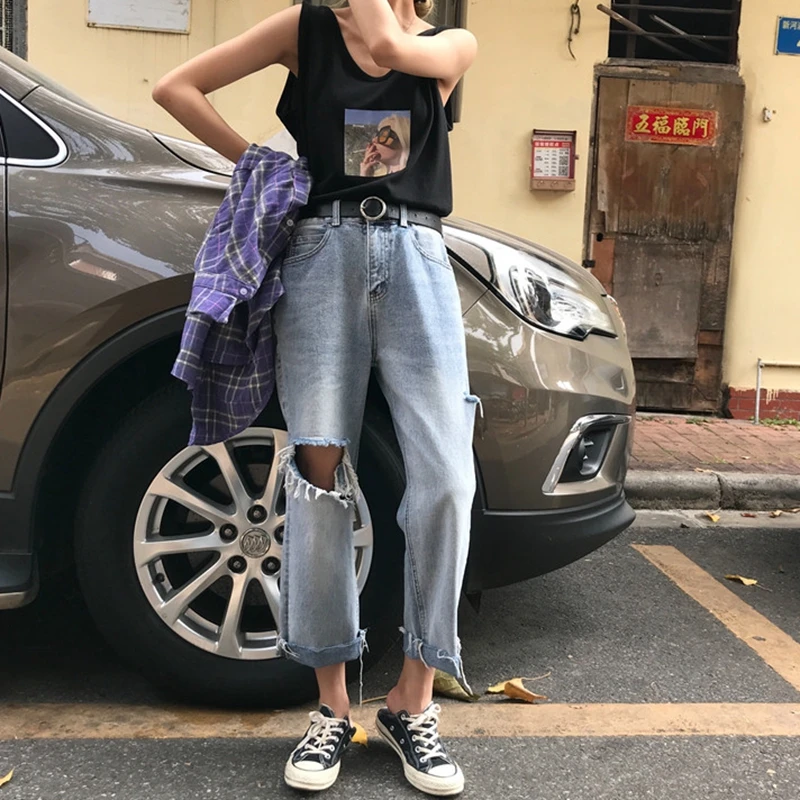 Vintage boyfriend destroyed hole ripped jeans for women blue wide leg jeans distressed mom jeans woman streetwear Vintage boyfriend destroyed hole ripped jeans for women blue wide leg jeans distressed mom jeans woman streetwear