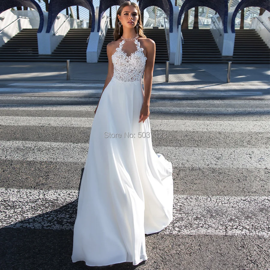 

A Line Wedding Dresses 2019 Halter Sleeveless Illusion Beading Lace Appliques Floor Length Bridal Gowns Robe De Mariee