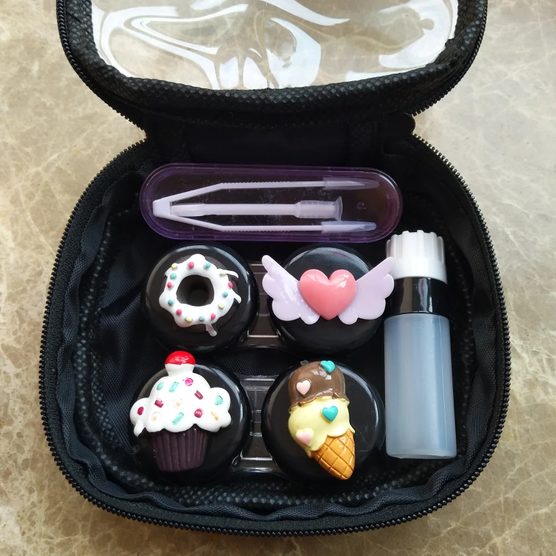 

LIUSVENTINA 2018 New DIY Resin Cute Cloud Doughnut Bowknot Flying Love Combo Contact Lens Case Bag Container for Color Lenses