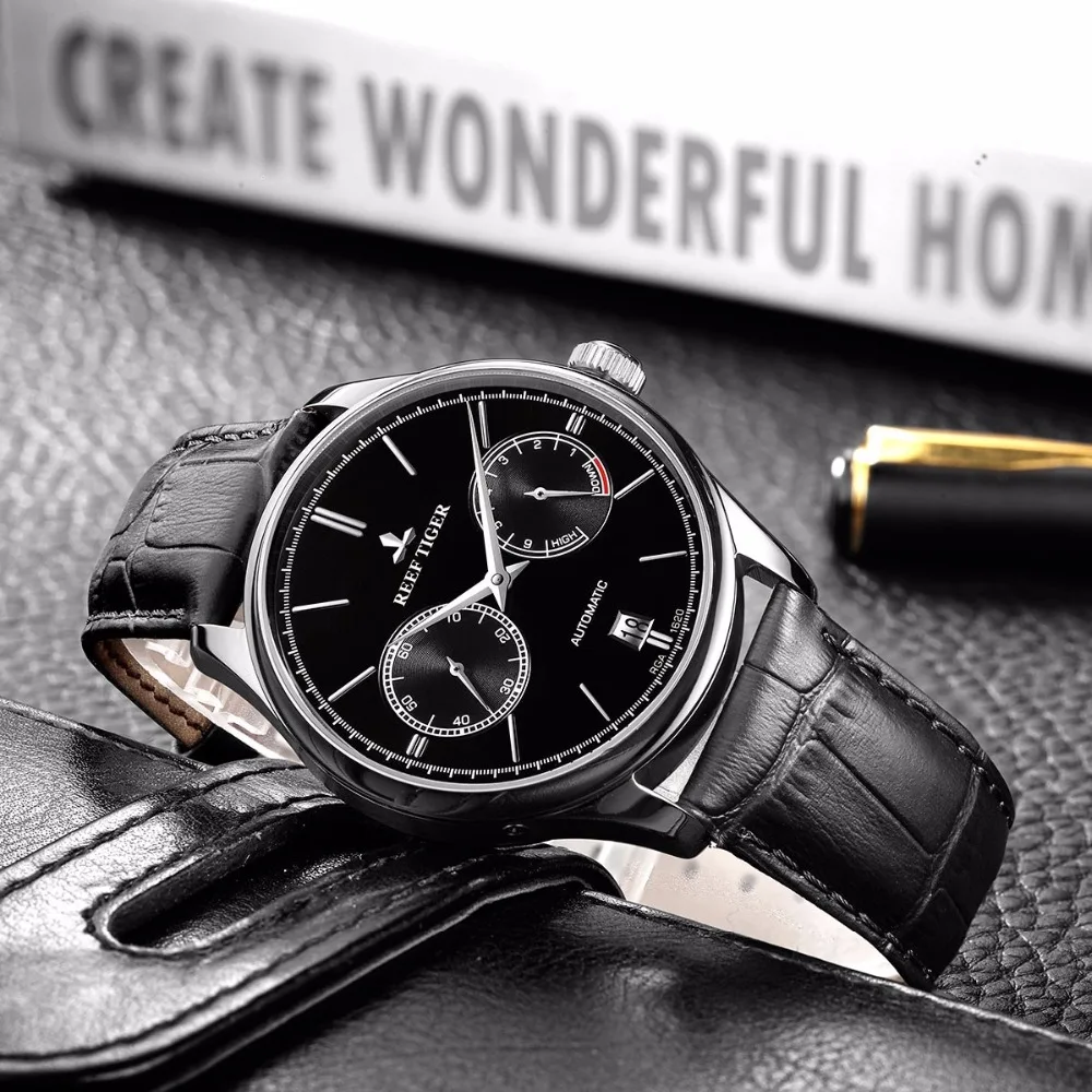  Reef Tiger/RT Elegant Business Mens Watch Automatic Steel Watch with Calendar Small Seconds Power R