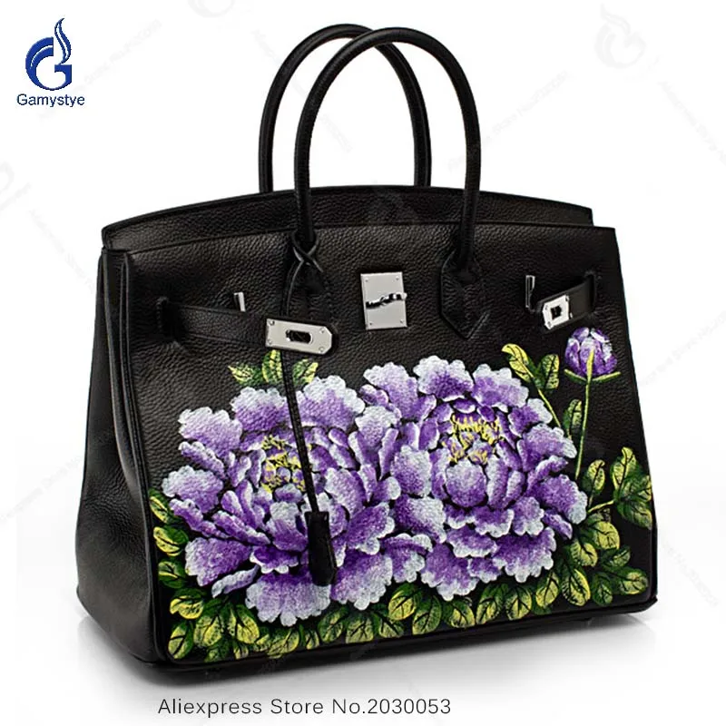 

New Arrival Genuine Leather Bags Women Fashion Cow Leather Handbag Purple Floral Prints Casual Big Crossbody Shoulder Bag
