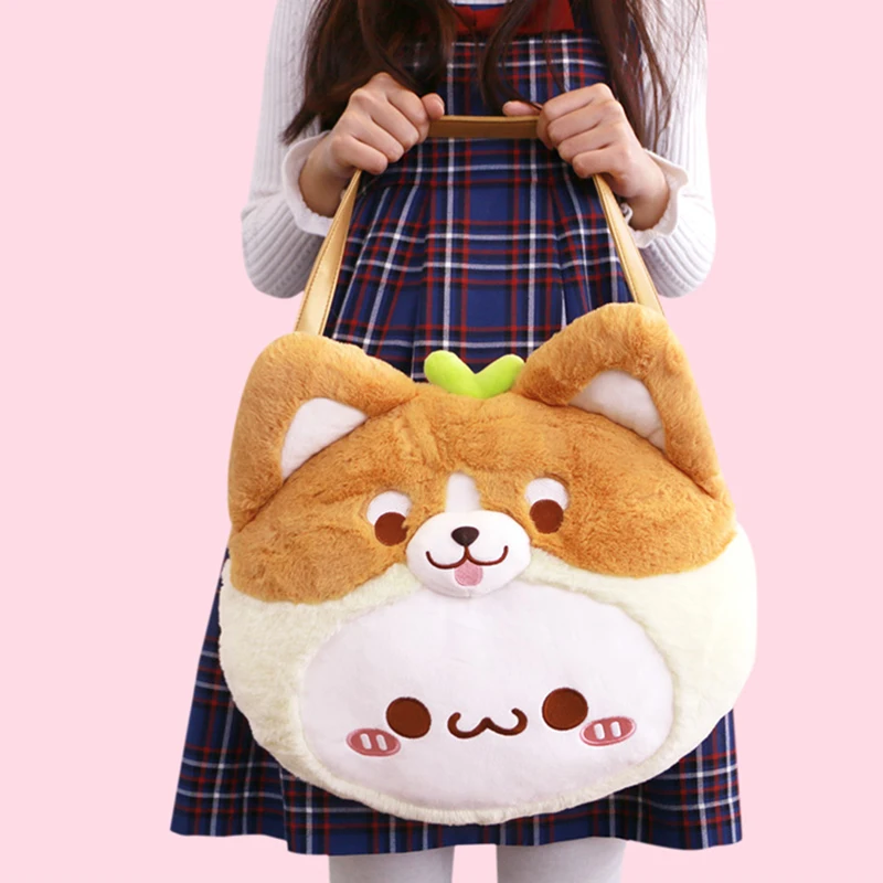

Animal Corgi Emoji Cartoon Shoulder Bag Soft Fluffy Plush Toy Women's Girls Puppy Dog Kawaii Handbag Shopping School Tote Bag