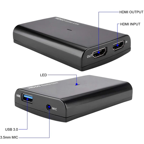 HDMI to USB3.0 UVC Game Video Capture with Microphone input, Broadcast Live Stream Record Grabber Converter upto 1080P 60Fps