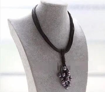 

Free Shipping>>new hot New 15Strands wine-red leather black pearls Choker necklace pendant E2250