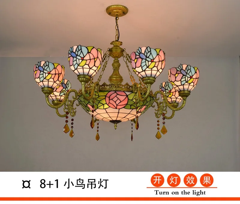 Винтажная люстра в европейском стиле Тиффани, витражный стеклянный цветок птицы, красочный подвесной светильник для гостиной, столовой, хрустального бара