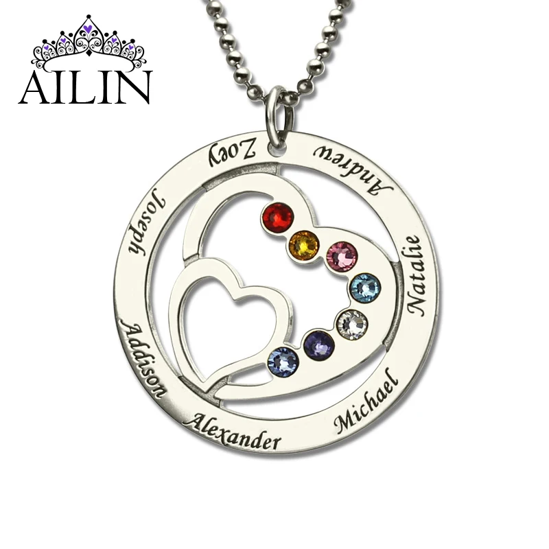 Wholesale Heart in Heart Birthstone Family Name Necklace Personalized Mother Necklace Silver Birthstone Necklace Christmas Gift