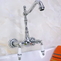 Polished Chrome Brass Wall Mounted Double Ceramic Handles Levers Bathroom Kitchen Sink Faucet Mixer Tap Swivel Spout anf963