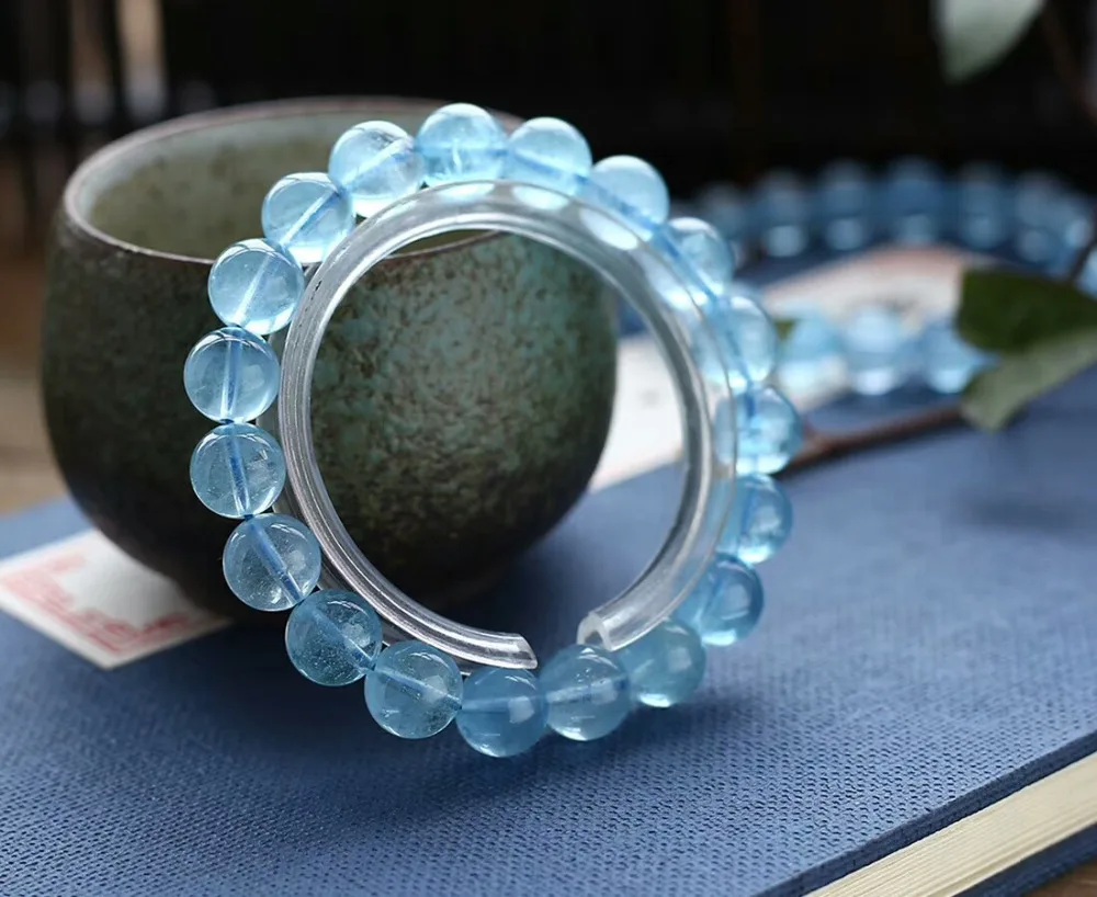 

100% Natural Blue Topaz Crystal 10mm Round Beads Bracelet Women Man Stretch Round Big Beads Bangle Fashion AAAAAA Healing Stone