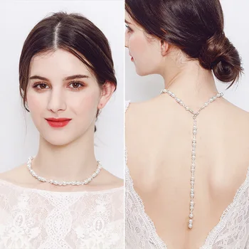 

SSYFashion New Bride Necklace Simple Pearl Long Pendant Back Chain Necklace for Women Wedding Party Accessories Bride Jewelry