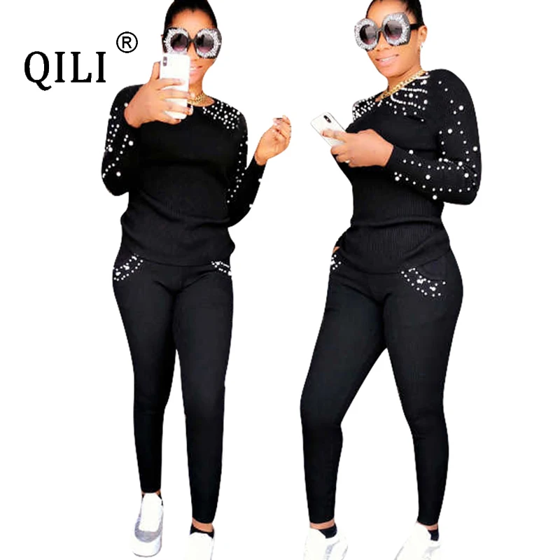 

QILI 2019 Autumn Women Beading Outfits Full Sleeve Pockets Two Piece Set Top+Pants Matching Sweat Suit Casual Clothes New
