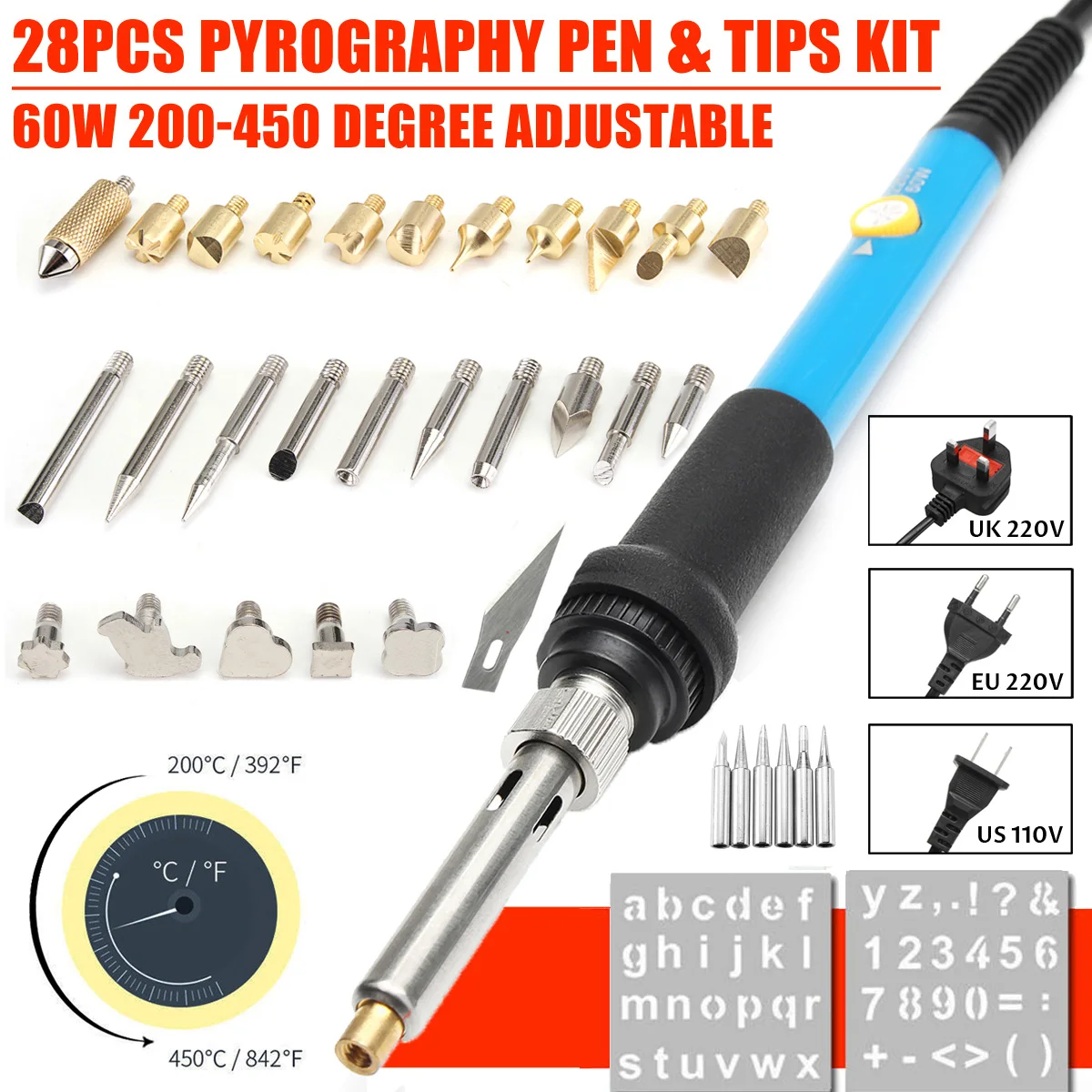 

28Pcs 110-220V 60W Wood Burning Pen Electric Soldering Iron Tips Set Tool Adjustable Temperature 200-450 Degree UK/EU/US