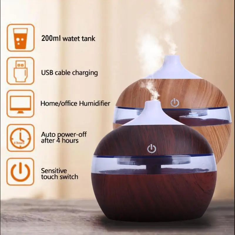 

Alloet 200ML Air Humidifier Wood USB Ultrasonic Humidifier Essential Oil Aroma Diffuser Cool Mist Humidifier Color LED Lights