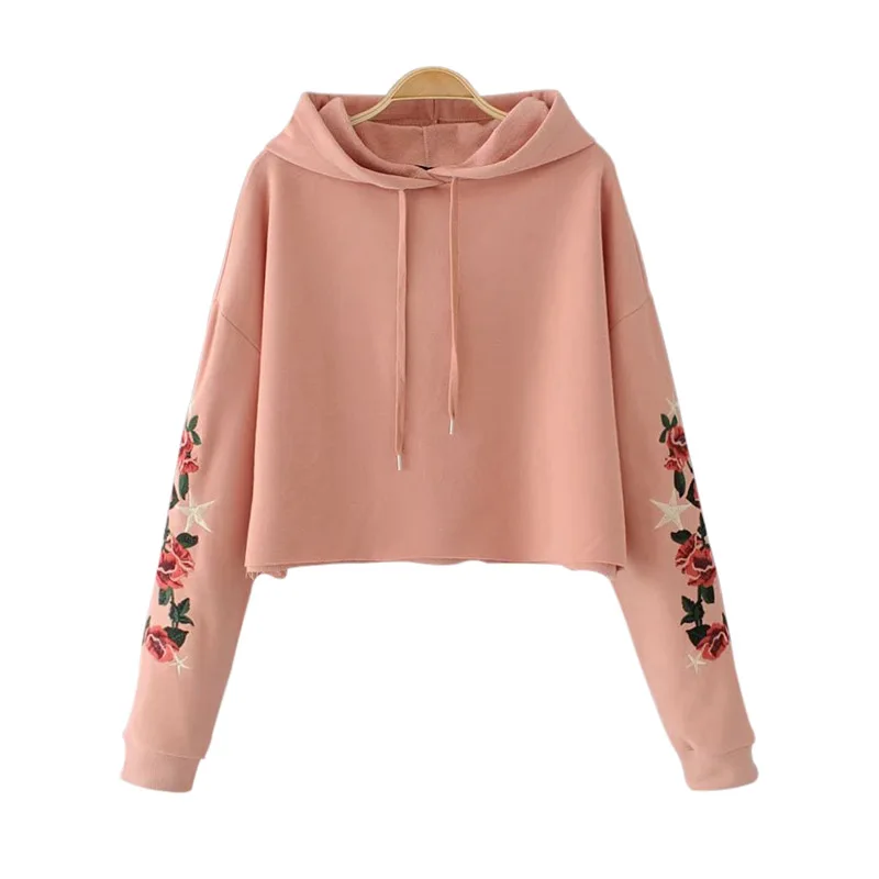 

Harajuku Floral Embroidery Pink Women Hoodies 2017 Autumn Long Sleeve Drawstring Loose Casual Woman Sweatshirt moletom feminino